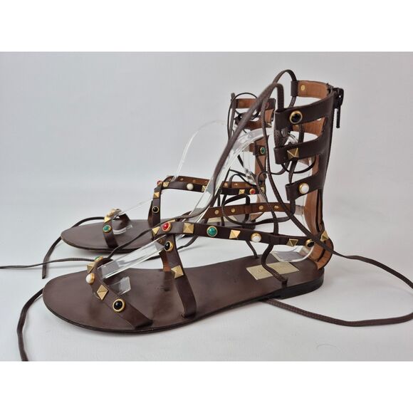 Valentino Garavani Womens Brown Rolling Rockstud Gladiator Sandal Flat Size 37.5 - Picture 2 of 6